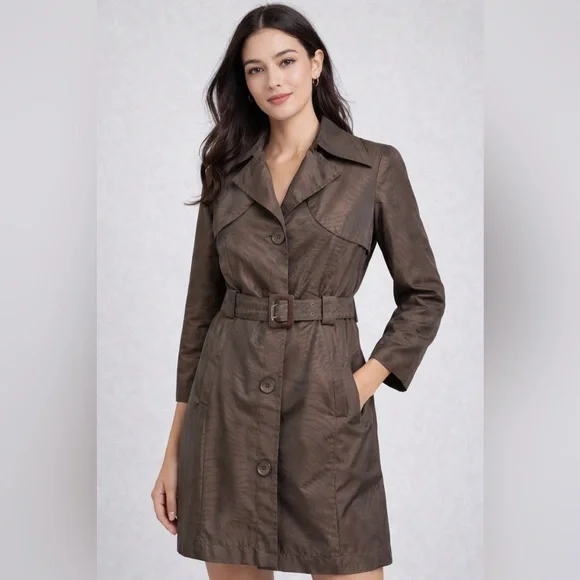 Via Spiga Brown Zebra Jacquard Trench Coat XS Belted Lightweight - Picture 1 of 13